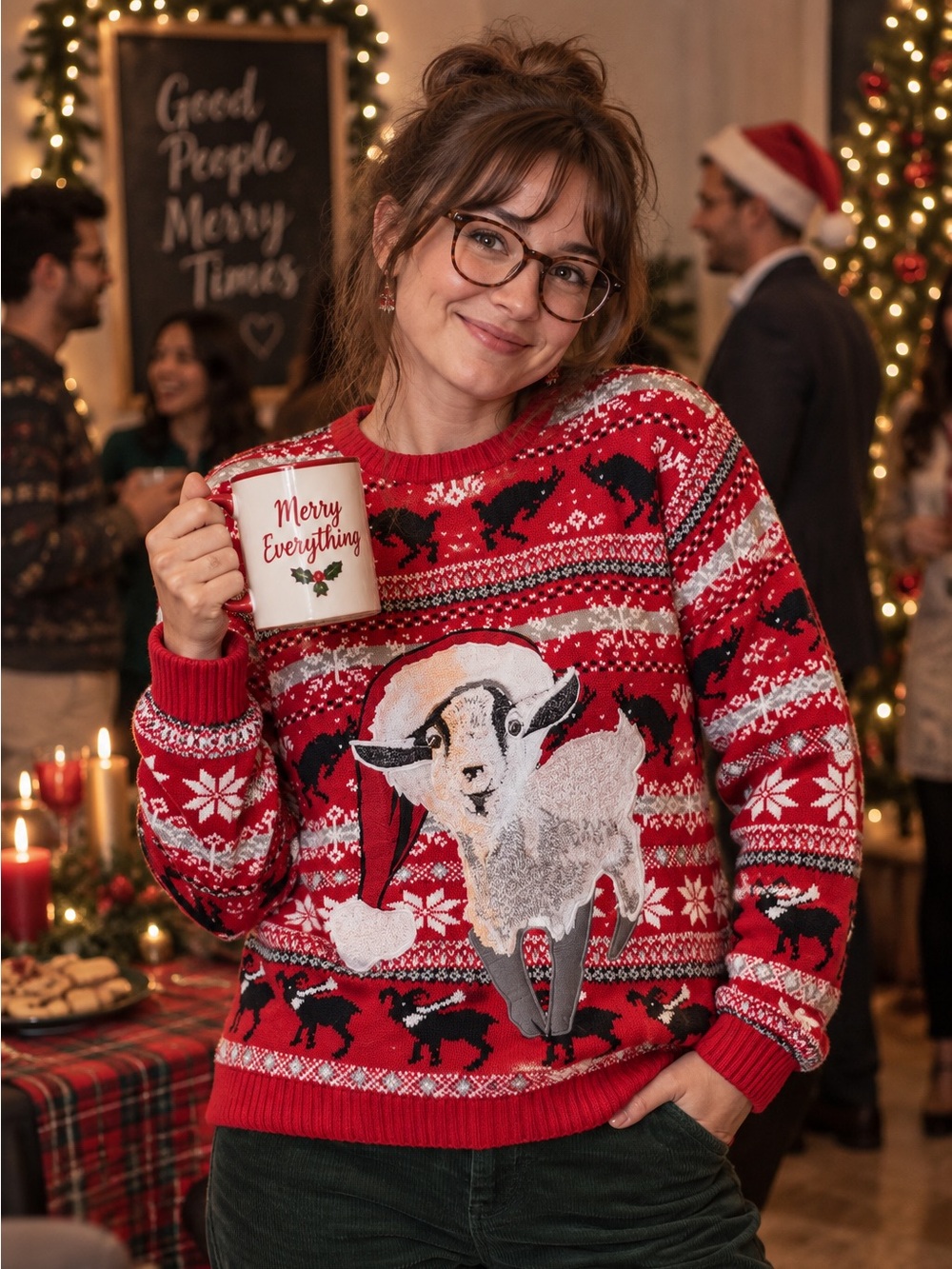 Red Goat Holiday Knit Sweater - Women's Festive Crew Neck